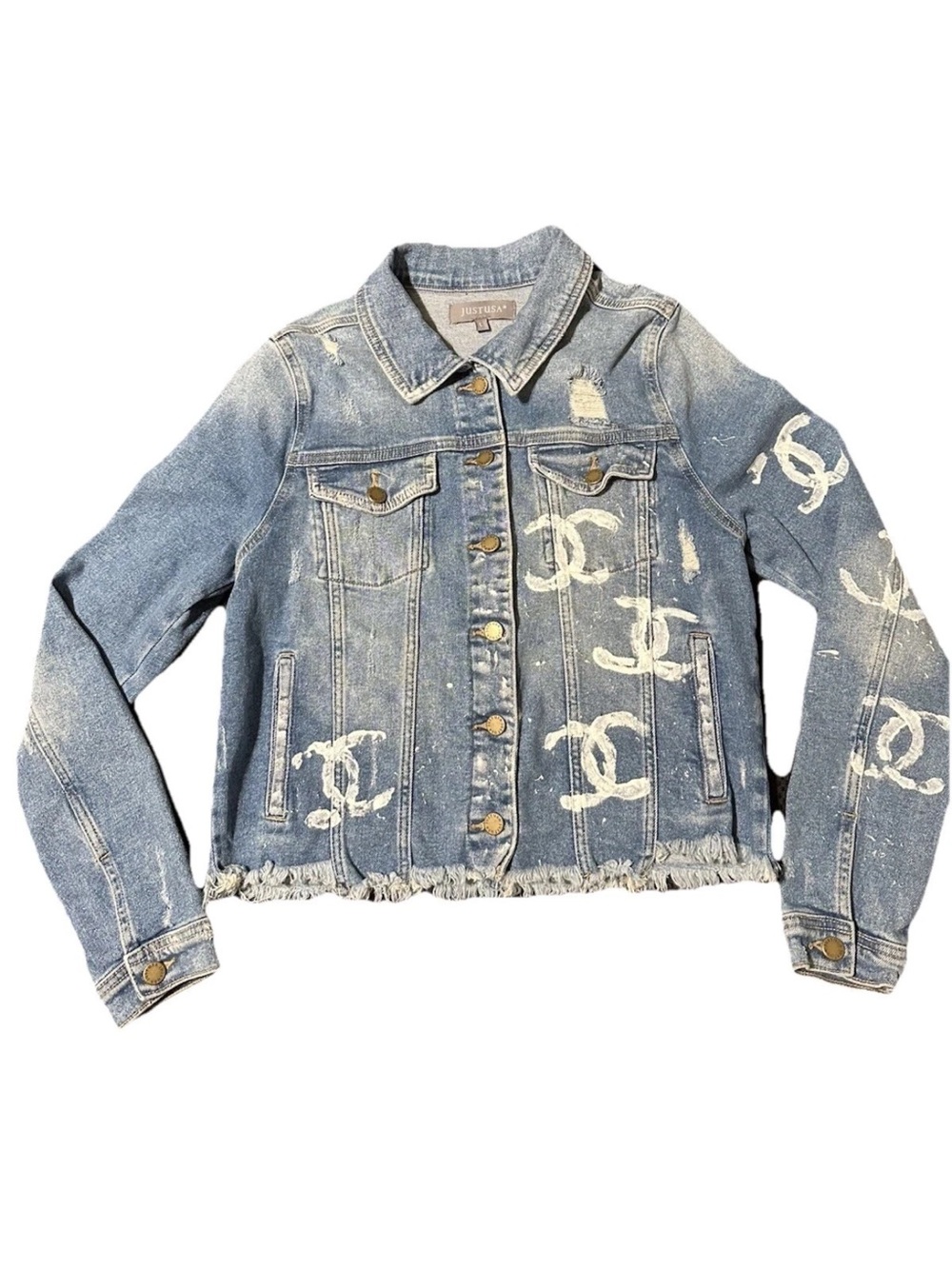 Just USA Distressed Jean Jacket Hand Painted Boutique NWT Sz L Wearable Art - Picture 6 of 13